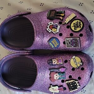 Custom Purple Glitter Clogs with Hocus Pocus Charms